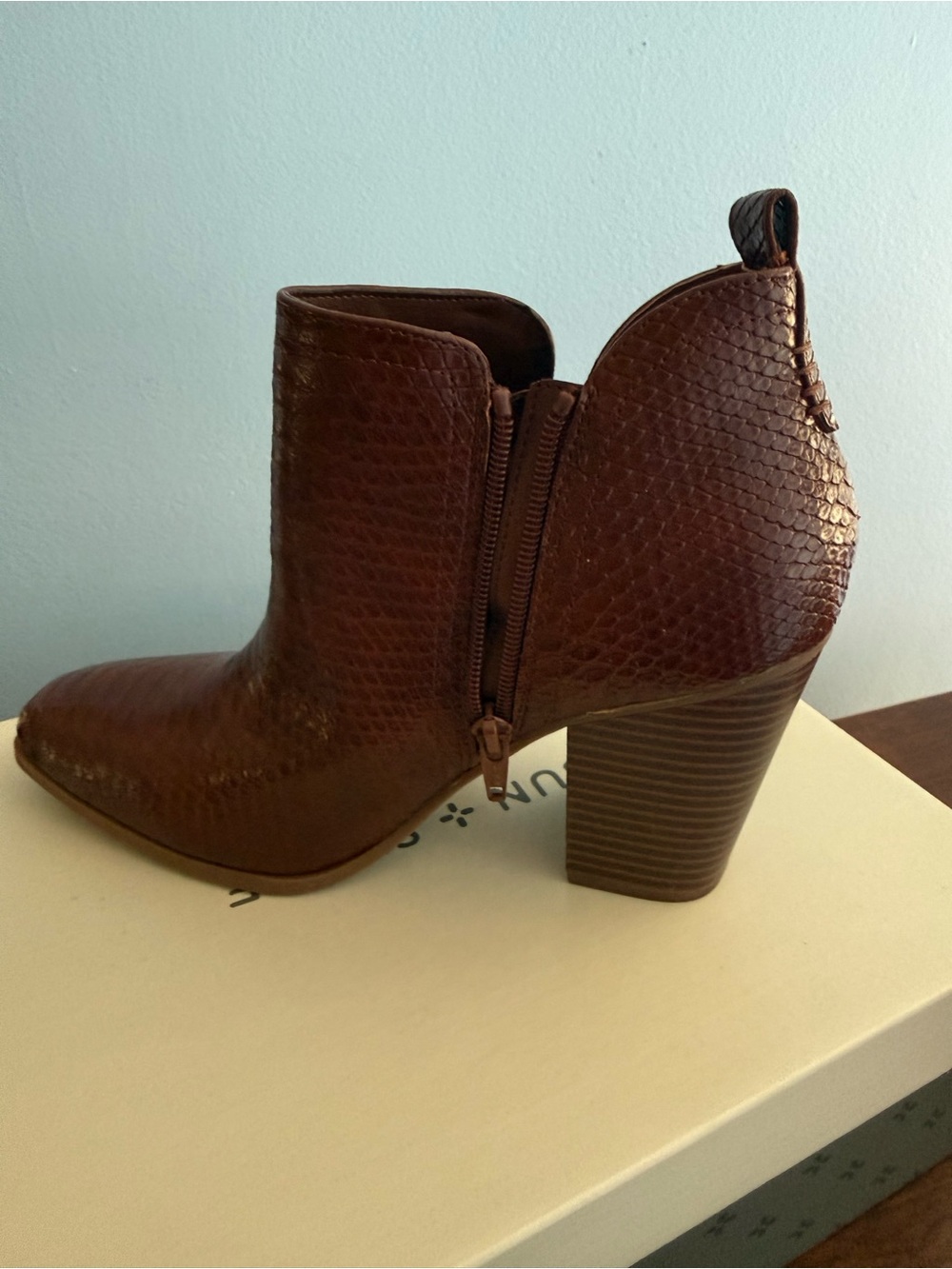 Sun + Stone Brown Embossed Leather Heeled Ankle Boots - Picture 3 of 4